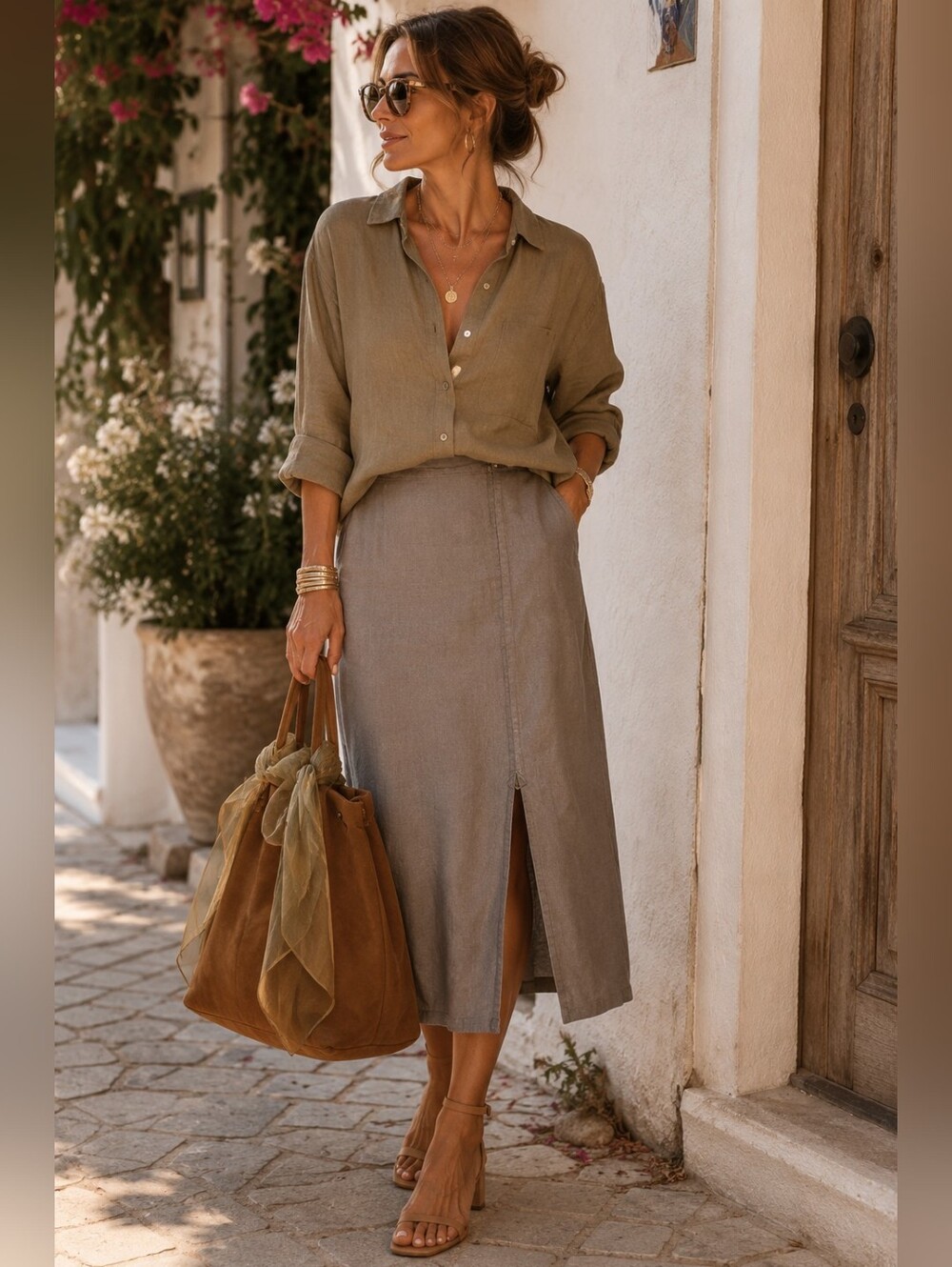 Elegant Tan Linen Women's Skirt With Side Zipper size M
